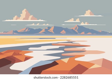 Salt flats with mirages and distant horizons. Landscape with lake and mountains. Vector illustration in flat style.