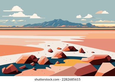 Salt flats with mirages and distant horizons. Landscape with red sand beach and mountains. Vector illustration in flat style