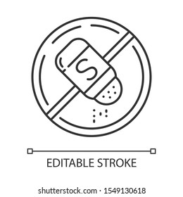 Salt free linear icon. Organic food without sodium, sulfates. Product free ingredient. Nutritious dietary. Thin line illustration. Contour symbol. Vector isolated outline drawing. Editable stroke