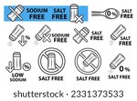 Salt free, low sodium sulfate, no salty diet food, crossed glass spice shaker bottle line icon set. Not added saline seasoning. Natural cooking nutrition eating product.  Stop prohibition sign. Vector