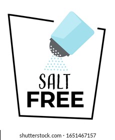 Salt free product isolated icon, shaker and natrium powder vector. No salty supplement, dietary nutrition or organic food label. Bottle with spice, healthy snack, sticker or badge with lettering