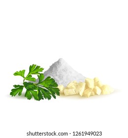 Salt, fresh green parsley and tasty spices. Symbols of spice. Elements for design. Vector illustration. Spices ingredients in triangulation technique. Salt and spices low poly.