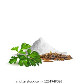 Salt, fresh green parsley and tasty spices. Symbols of spice. Elements for design. Vector illustration. Spices ingredients in triangulation technique. Salt and spices low poly.