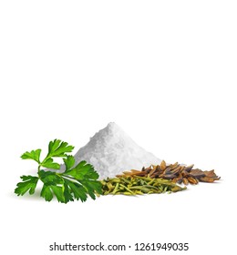 Salt, fresh green parsley and tasty spices. Symbols of spice. Elements for design. Vector illustration. Spices ingredients in triangulation technique. Salt and spices low poly.