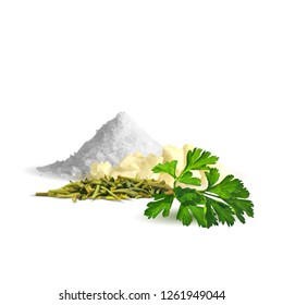 Salt, fresh green parsley and tasty spices. Symbols of spice. Elements for design. Vector illustration. Spices ingredients in triangulation technique. Salt and spices low poly.