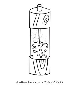 Salt grinder vector illustration. Black and white doodle of spice mill with peppercorns. Cartoon style, flat design, outline kitchen tool, seasoning, salt, pepper mill, and culinary equipment