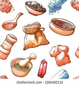 Salt hand drawn pattern, kitchen fabric decor. Wooden shaker, grain and bowl elements. Vector flat style cartoon illustration isolated on white background