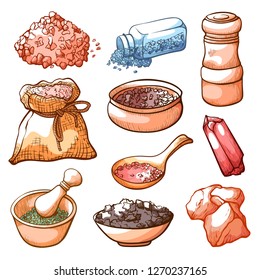 Salt hand drawn set, cooking natural ingredient. Seasoning and ingredient to preserve food. Vector illustration on white background