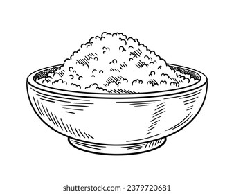 Esbozo dibujado a mano con sal. Creatividad minimalista y arte. Cocina, preparación de alimentos. Tazón y plato con sal o grano. Ilustración lineal vectorial aislada en fondo blanco