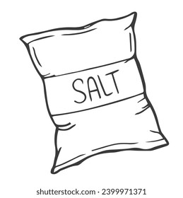 Salt hand drawn sketch.Bag with salt. Poster or banner for website. Linear flat vector illustration isolated on white background