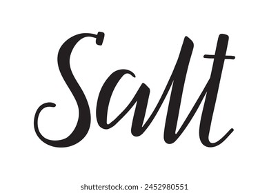 Salt. Handwritten lettering. Inscription in English. Modern brush ink calligraphy. Black isolated word on white background. Vector text. Label for kitchen spices.