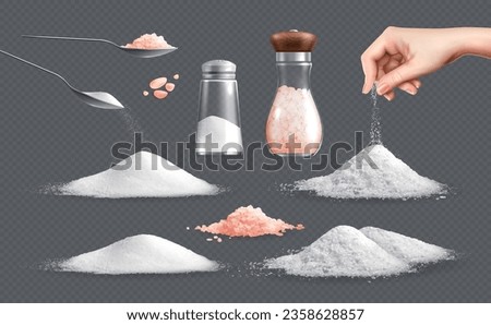 Salt heap realistic set with isolated images of white and pink powder piles with cellars spoons vector illustration