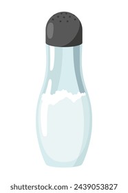 Salt icon. Glass jar, saltcellar with kitchen seasoning, flavoring for sprinkling spicy powder. Ingredient, condiments for food. Vector illustration of spice powder food