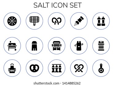 salt icon set. 15 filled salt icons.  Collection Of - Pan, Grill, Salt, Pretzel, Apron, Condiments, Dried fish