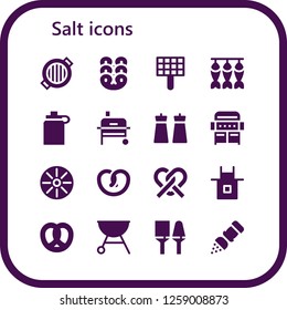  salt icon set. 16 filled salt icons. Simple modern icons about  - Grill, Pretzel, Dried fish, Isotonic, Salt, Pan, Apron, Utensils