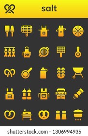 salt icon set. 26 filled salt icons.  Collection Of - Utensils, Pretzel, Grill, Apron, Pan, Dried fish, Isotonic, Salt, Cooking