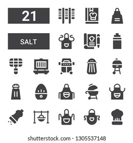 salt icon set. Collection of 21 filled salt icons included Cooking, Apron, Salt, Grill, Kitchen timer, Isotonic, Recipe, Cook