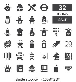 salt icon set. Collection of 32 filled salt icons included Colander, Isotonic, Grill, Cook, Apron, Recipe, Cooking, Pretzel, Salt, Kitchen timer