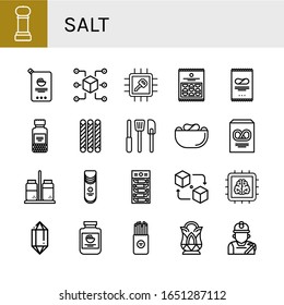 salt icon set. Collection of Grinder, Mayonnaise, Packet, Chip, Crisps, Spices, Grissini, Kitchen tools, Pretzel, Salt and pepper, Dried fish, Crystal, Salty, Miner icons
