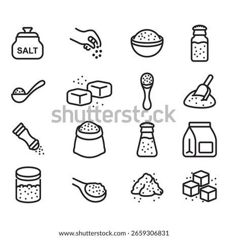 Salt icon set. Thin line vectors. Contains icons such as a pile of salt, a salt shaker, a salt sprinkler, and more.