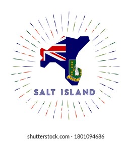 Salt Island sunburst badge. The island sign with map and Virgin Islander flag. Colorful rays around the logo. Vector illustration.