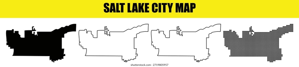 Salt lake coleção de mapas da cidade apresenta versões sólidas brancas e pontilhadas pixeladas para representação geográfica e projetos de layout de viagem para o território estadual e limites municipais de utah
