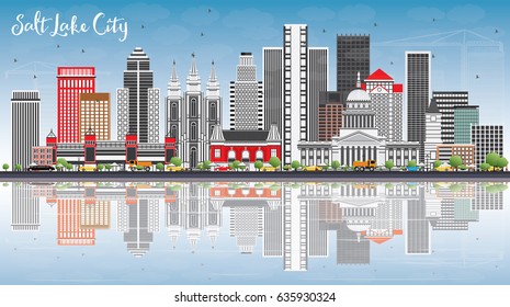 Salt Lake City Skyline with Gray Buildings, Blue Sky and Reflections. Vector Illustration. Business Travel and Tourism Concept with Historic Architecture. Image for Presentation Banner Placard and Web