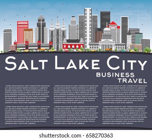 Salt Lake City Skyline with Gray Buildings, Blue Sky and Copy Space. Vector Illustration. Business Travel and Tourism Concept with Historic Architecture. Image for Presentation Banner Placard and Web.