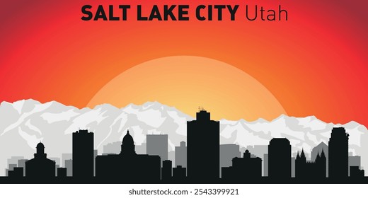 Horizonte de la ciudad de Salt Lake con siluetas de edificios con el telón de fondo de un Grande sol amarillo y cielo naranja. Vector en el fondo de la puesta del sol