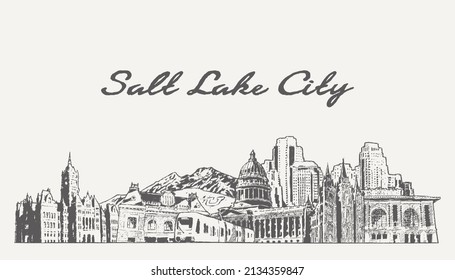Salt Lake City skyline, Utah, USA, hand drawn vector illustration, sketch