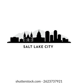Salt Lake City Skyline with Utah, Silhouette, and Mountains.