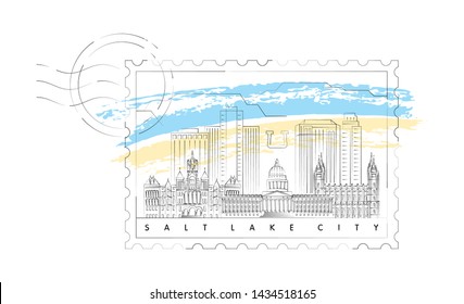 Salt Lake City, Utah skyline minimal stamp vector illustration and typography design 