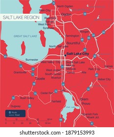 Salt Lake Region detailed editable map with cities and towns, geographic sites, roads, railways, interstates and U.S. highways. Vector EPS-10 file, trending color scheme