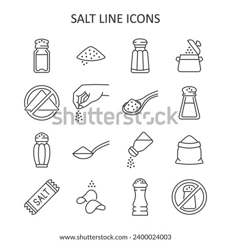 Salt line icon set. Vector collection with salt heap, shaker, salting hand, chips, food without sodium. 