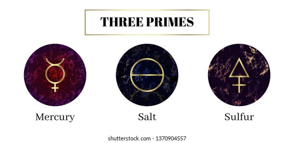 Salt, mercury, sulfur. Set of Alchemical symbols. The three primes or tria prima of which material substances are immediately composed. Sacred geometry on magic beautiful marble background.