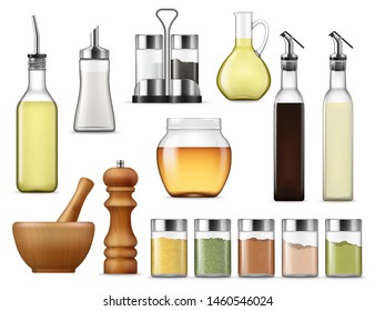 Salt and paper containers, glass jars with herb spices, vinegar pack isolated. Vector glass bottle of honey, seasoning racks and cooking oil. Sugar dispenser and oil carafe, salad dressing and sauces