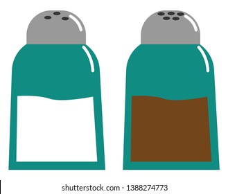 Salt and pepper in blue-colored shakers with an exclamation mark have few pores or holes on the screw cap used widely to season foods.  vector  color drawing or illustration