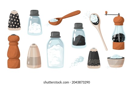 Salt and pepper bottles. Hand drawn tableware for spicy seasoning. Salty crystal powder and black peas sketch. Spoons and mills. Kitchen spice containers. Vector culinary condiments set