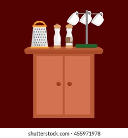 salt and pepper, cup  grater on table kitchenware icons vector set, cooking equipment, cartoon kitchen utensil, domestic tools, steel household cutlery