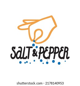 Salt and pepper. The hand pours spices on the letters. Vector outline image in cartoon flat style. Doodle, lettering, hand drawn.