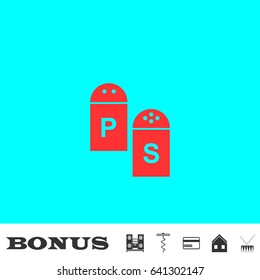 Salt and pepper icon flat. Red pictogram on blue background. Vector illustration symbol and bonus buttons Music center, corkscrew, credit card, house, drum