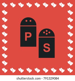 Salt and pepper icon flat. Simple black pictogram on red background with white hearts for valentines day. Vector illustration symbol