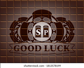 salt and pepper icon and Good luck text chocolate emblem. Brown classic background. Intense illustration. 