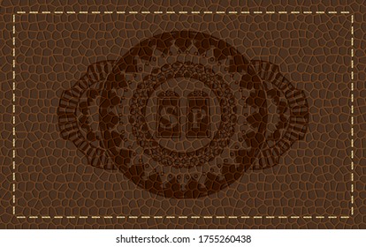 ícono de sal y pimienta dentro del emblema realista de cuero marrón. Fondo de la cartera. Ilustración vectorial. 