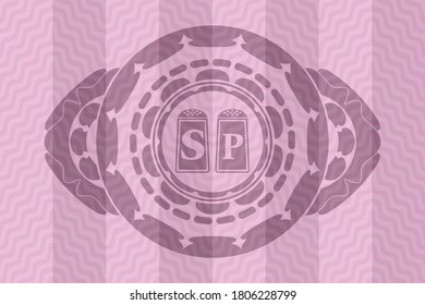 icono de sal y pimienta dentro de una insignia rosa ondulado realista. Curva un bonito fondo. Ilustración. 