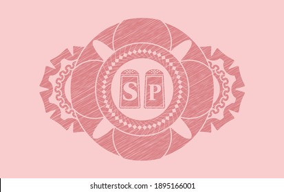 salt and pepper icon inside Pink stroke realistic emblem. Rose color fancy background. Artistic illustration. 