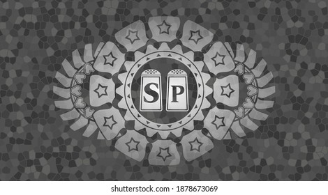salt and pepper icon inside stone wall realistic badge. Rock fancy background. Intense illustration. 