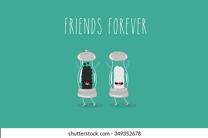 Salt and pepper illustration. Vector cartoon. Friends forever. Comic characters. You can use in the menu, in the shop, in the bar, the card or stickers. Easy to edit.