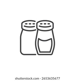 Sal e pimenta ícone linha com frascos agitadores. Ícone de vetor de contorno simples. Símbolo de especiarias e logotipo de tempero. Este ícone se encaixa na cozinha e temas.