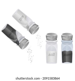 Salt and pepper. Pair of transparent glass shaker with metal cap illustration isolated on white, Vector format